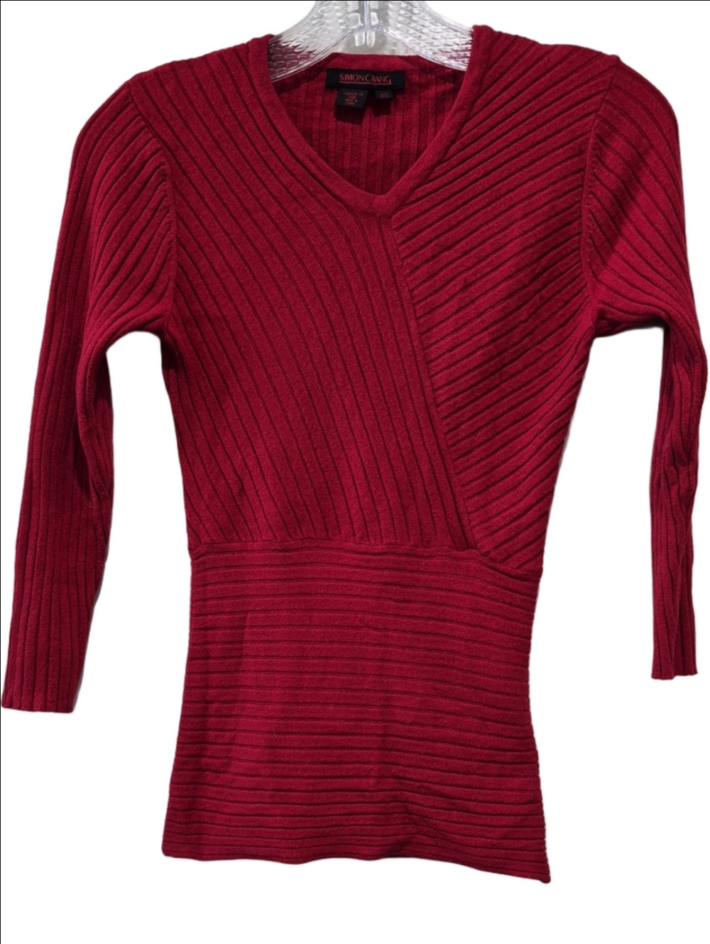 Simon Chang Deep Garnet Ribbed Knit V-Neck Wrap Top - XS